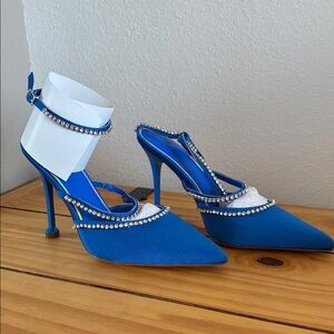 NIB-Blue ankle strap heels with diamond rhinestones